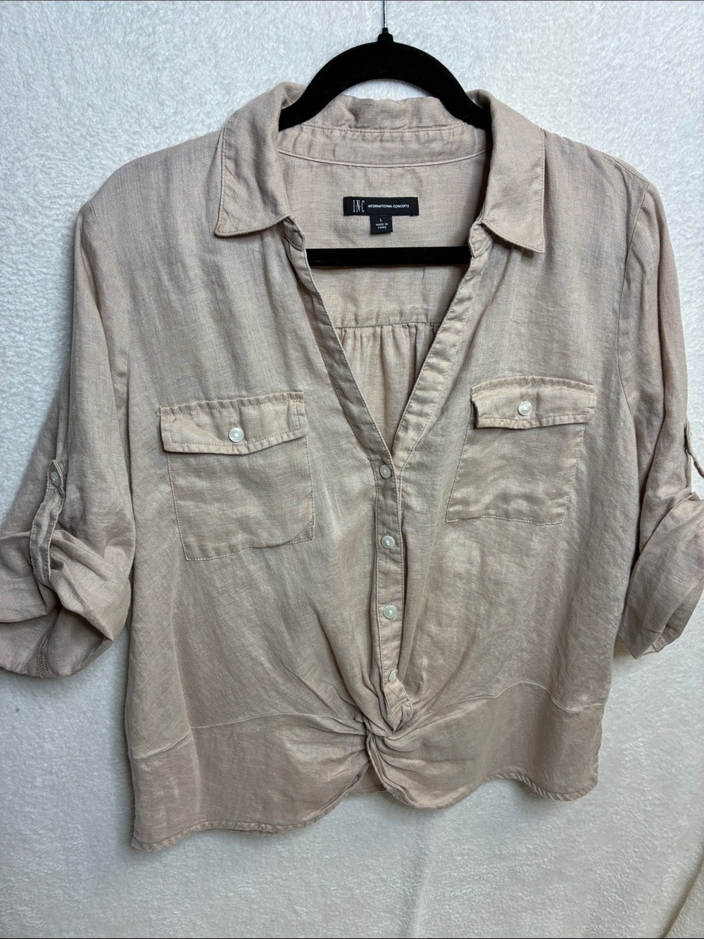 INC International Concepts Taupe Button-Front Tie-Hem Shirt